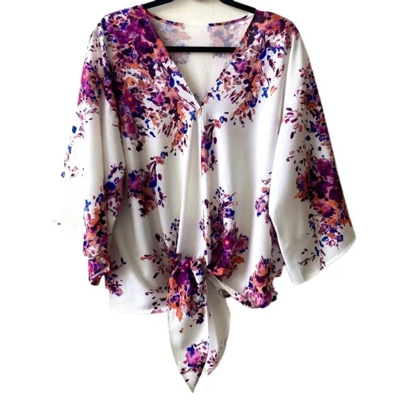 LAST CHANCE SALE!Floral Print Colorful Boho Front Tie Blouse Wide Kimono Sleeves - Picture 2 of 10